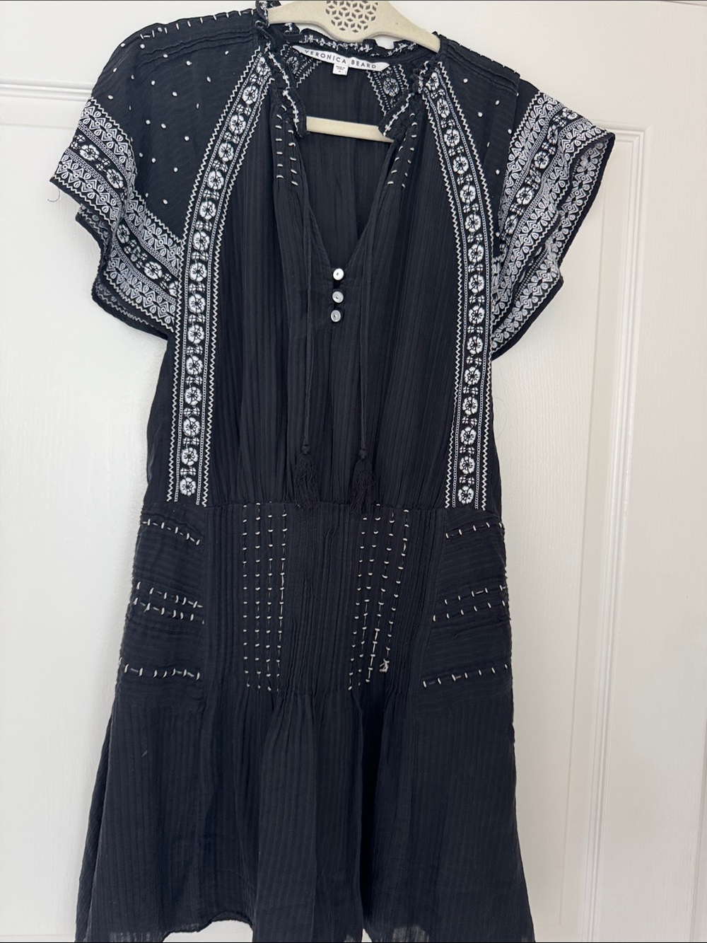 Veronica Beard Black Midi Dress with White Embroidered Trim